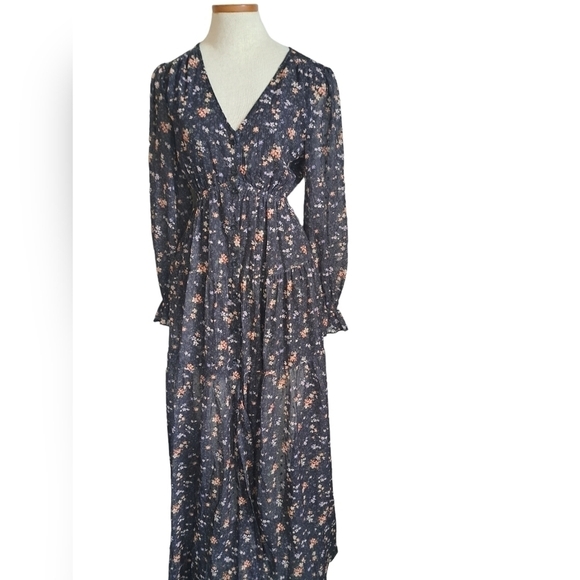 Tiny floral tiered MAXI dress long sleeves ruffle cuff button up Shabby Aakaa S - Picture 3 of 12